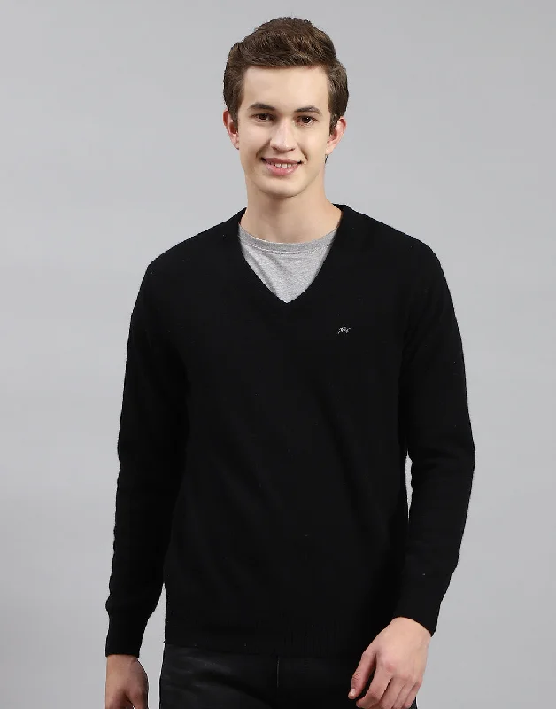 Men's Sweaters with Contrast TrimMen Black Solid V Neck Full Sleeve Pullover