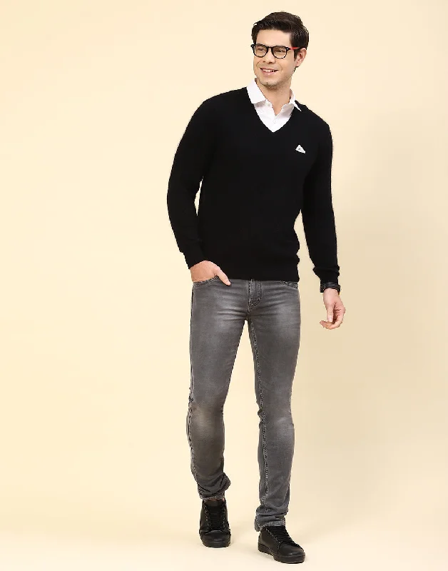 Men's Sweaters with Fold-Over CuffsMen Black Solid V Neck Full Sleeve Pullover