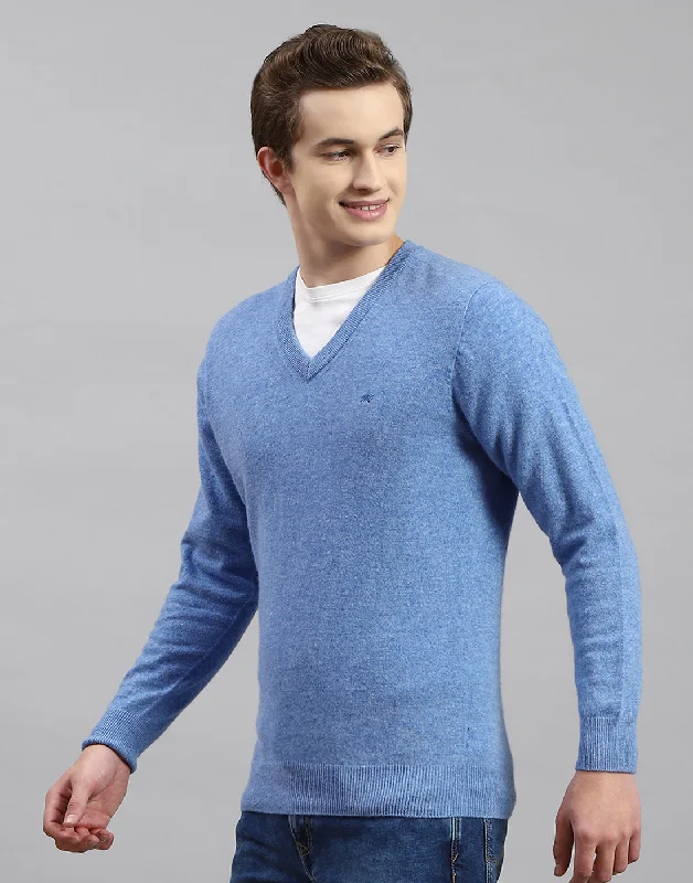 Men's Sweaters with Ribbed WaistbandsMen Blue Solid V Neck Full Sleeve Pullover