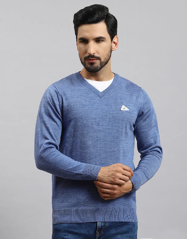 Men's Sweaters with SequinsMen Blue Solid V Neck Full Sleeve Pullover