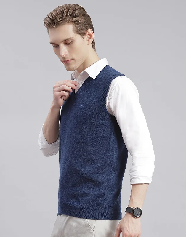 Men's Sweaters with High-Neck DesignsMen Blue Solid V Neck Sleeveless Sweater