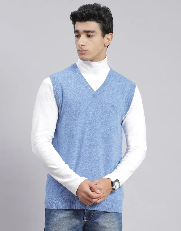 Men's Sweaters with Hidden PocketsMen Blue Solid V Neck Sleeveless Sweater