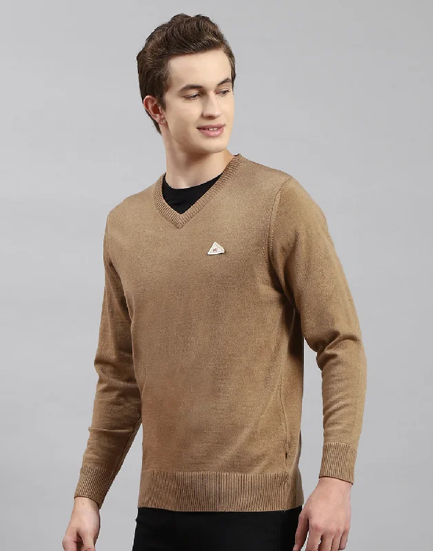 Durable Men's Acrylic SweatersMen Brown Solid V Neck Full Sleeve Pullover