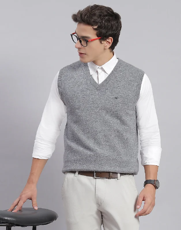 Men's Sweaters with Hooks and LoopsMen Grey Melange Solid V Neck Sleeveless Sweater