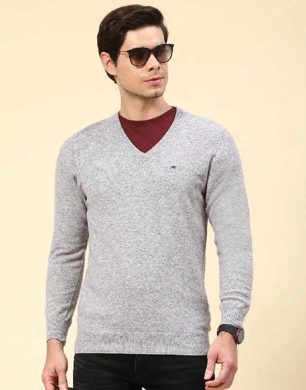 Patterned Men's Fair Isle SweatersMen Grey Solid V Neck Full Sleeve Pullover