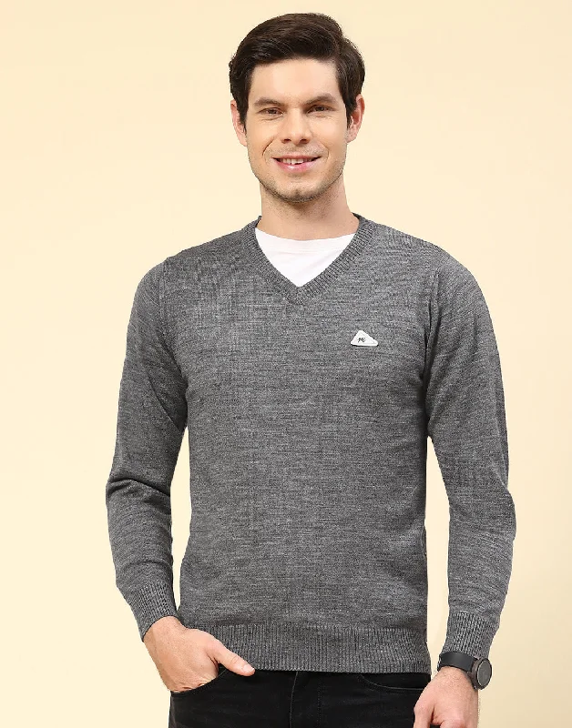 Men's Sweaters with Intarsia DesignsMen Grey Solid V Neck Full Sleeve Pullover