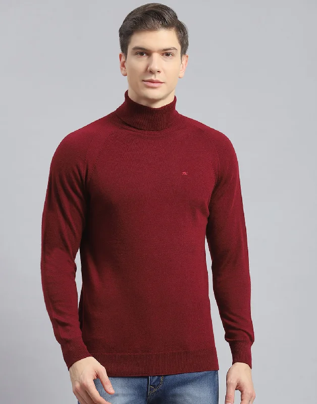 Men's Sweaters with Ribbed CuffsMen Maroon Solid High Neck Full Sleeve Pullover