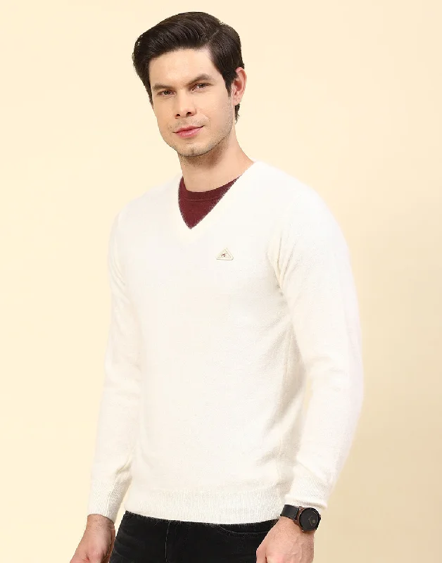 Men's Sweaters with Zip-Up CollarsMen Off White Solid V Neck Full Sleeve Pullover