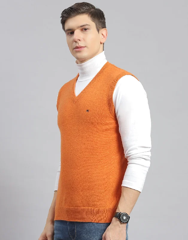 Men's Sweaters with Contrast TrimMen Orange Solid V Neck Sleeveless Sweater