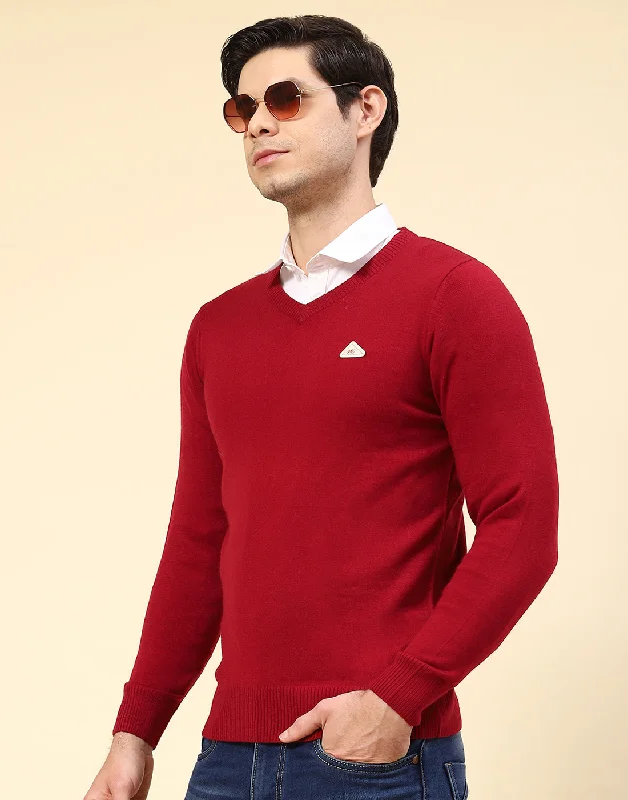 Athletic Men's Performance SweatersMen Red Solid V Neck Full Sleeve Pullover