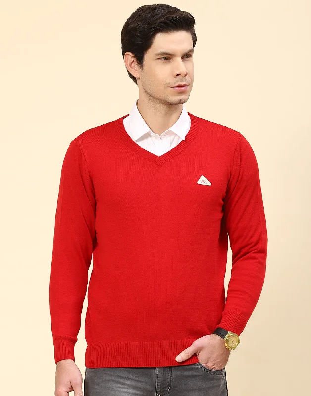 Men's Sweaters with Belt LoopsMen Red Solid V Neck Full Sleeve Pullover