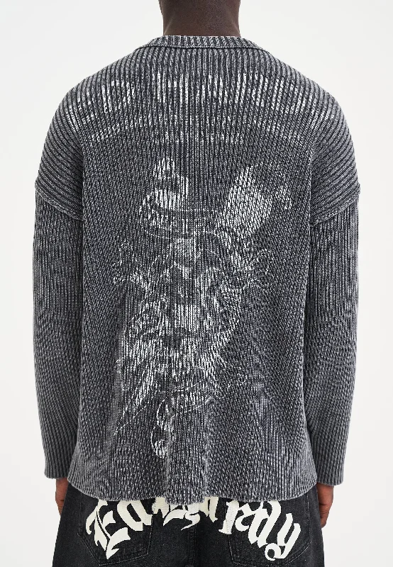 Stylish Men's Turtleneck SweatersMens Acid Wash Skull Knitted Jumper - Charcoal