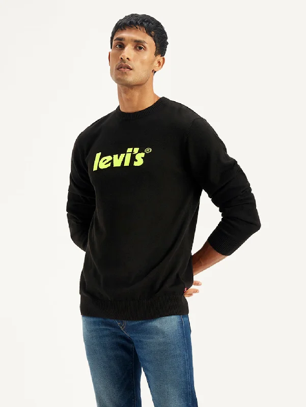 Men's Sweaters with High-Neck DesignsMen's Brand Logo Black Crew Neck Sweater