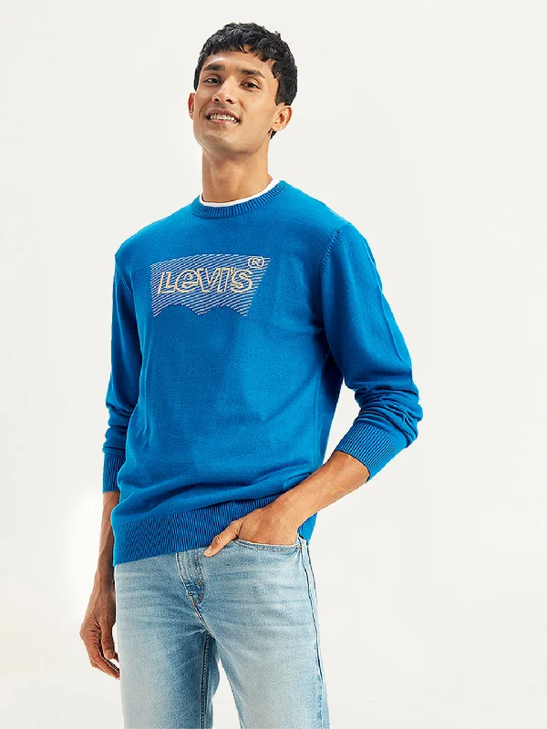 Men's Sweaters with Thumbholes in SleevesMen's Brand Logo Blue Crew Neck Sweater