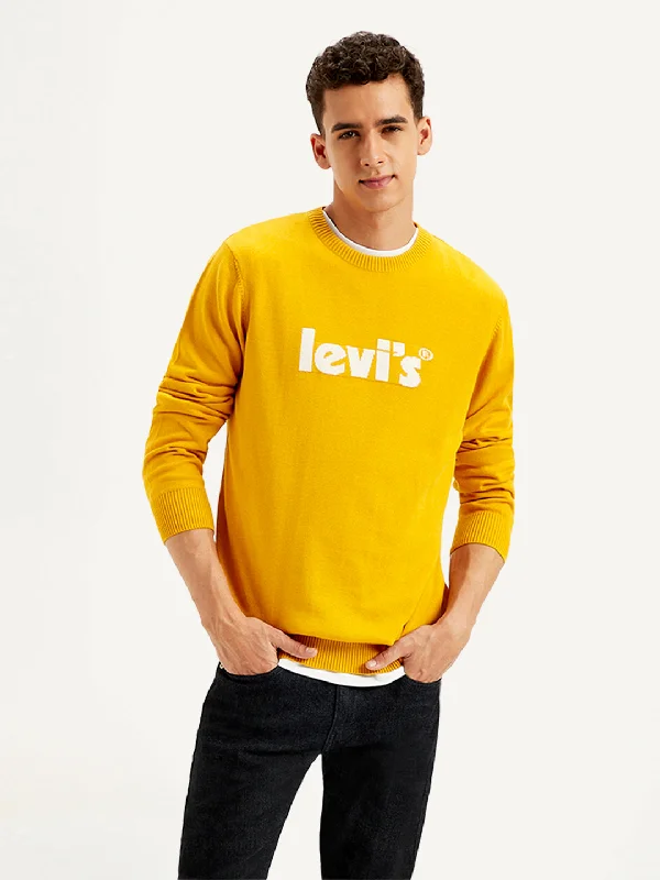 Men's Sweaters in Earthy TonesMen's Brand Logo Yellow Crew Neck Sweater