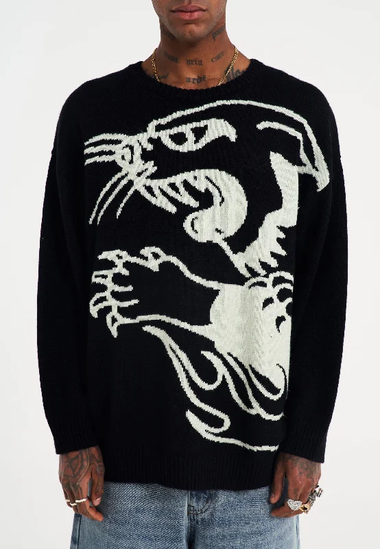 Men's Sweaters with Button-Up CollarsMens Hell Cat Jaquard Knitted Jumper - Black