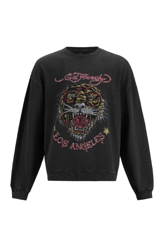 Men's Sweaters with Pleated DesignsMens La Tiger Vintage Diamante Crew Neck Sweatshirt - Black