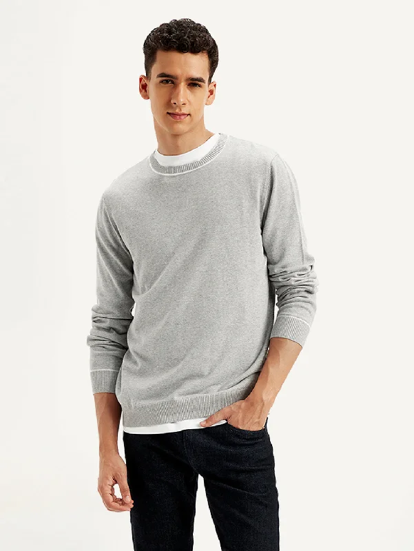 Men's Sweaters with ButtonsMen's Solid Light-Grey Crew Neck Sweater