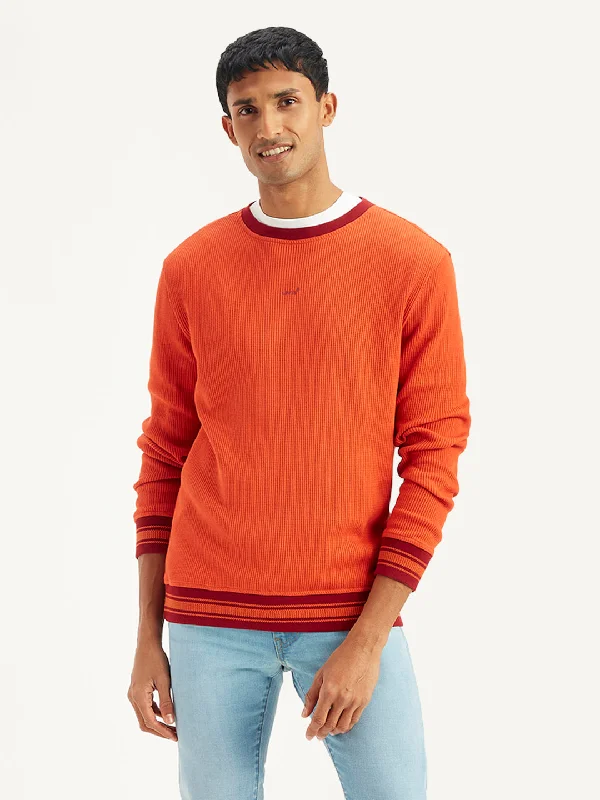 Fashionable Men's Crew-Neck SweatersMen's Solid Orange Crew Neck Sweater