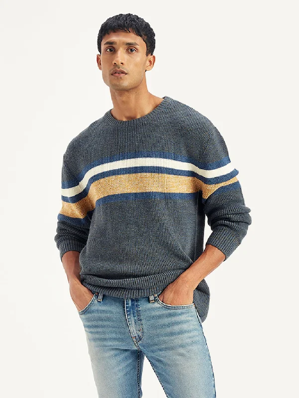 Men's Sweaters for Dressy EventsMen's Striped Grey Crew Neck Sweater