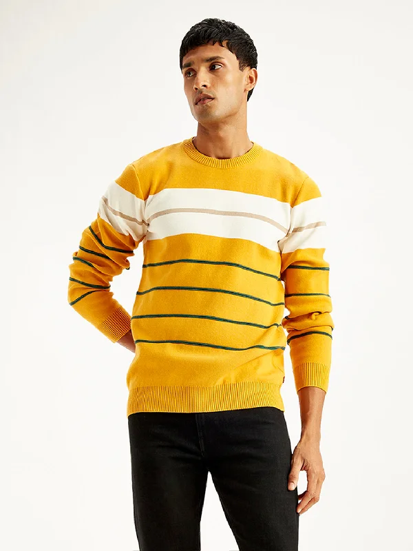 Men's Sweaters with Stand-Up CollarsMen's Striped Mustard Crew Neck Sweater