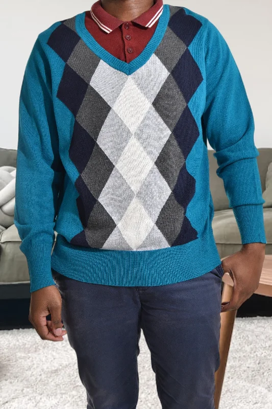 Men's Sweaters with Flat-Front DesignsMens Teal Diamond Print Sweater