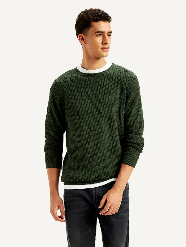 Men's Sweaters with Button-Down PlacketsMen's Textured Olive Crew Neck Sweater