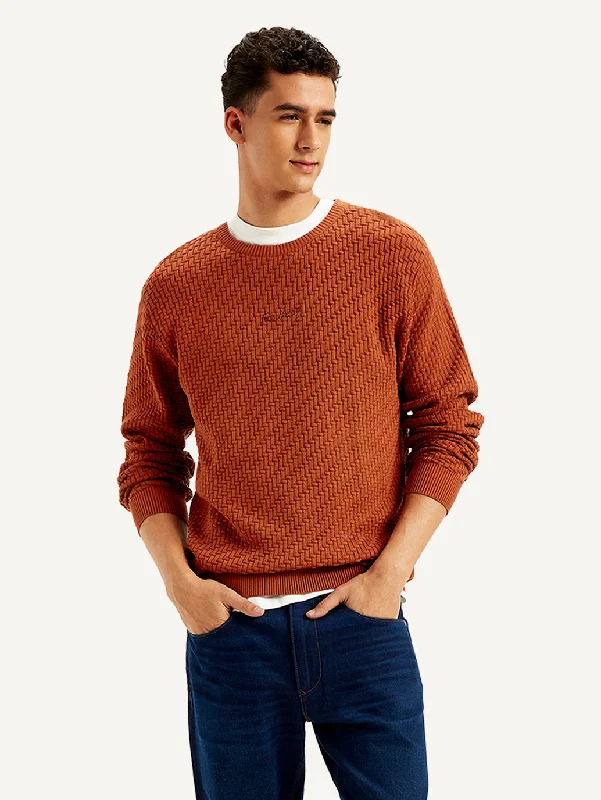 Men's Sweaters with Checkerboard PatternsMen's Textured Rust Crew Neck Sweater