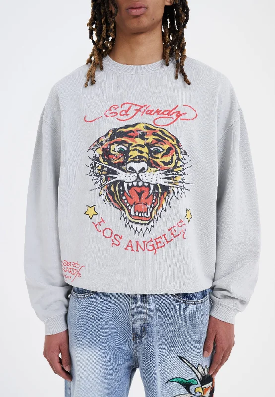 Men's Sweaters with Kangaroo PocketsMens Tiger-Vintage Roar Crew Neck Sweatshirt- Grey