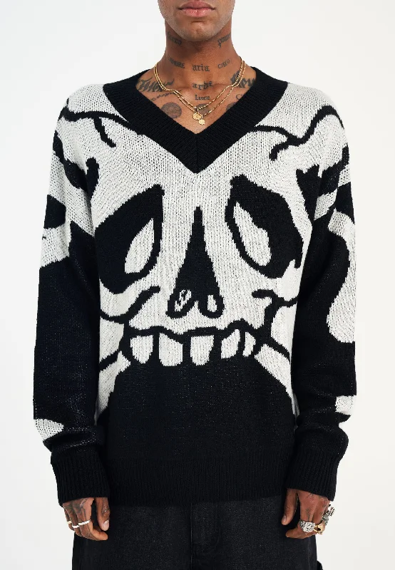 Men's Sweaters with SequinsMens Xl Skull V Neck Jaquard Knitted Jumper - Black/White