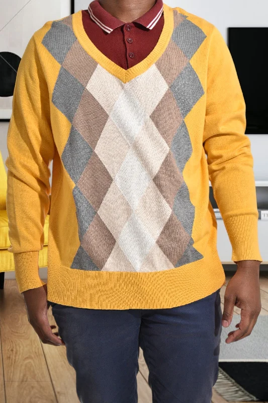 Solid-Colored Men's SweatersMens Yellow Diamond Print Sweater