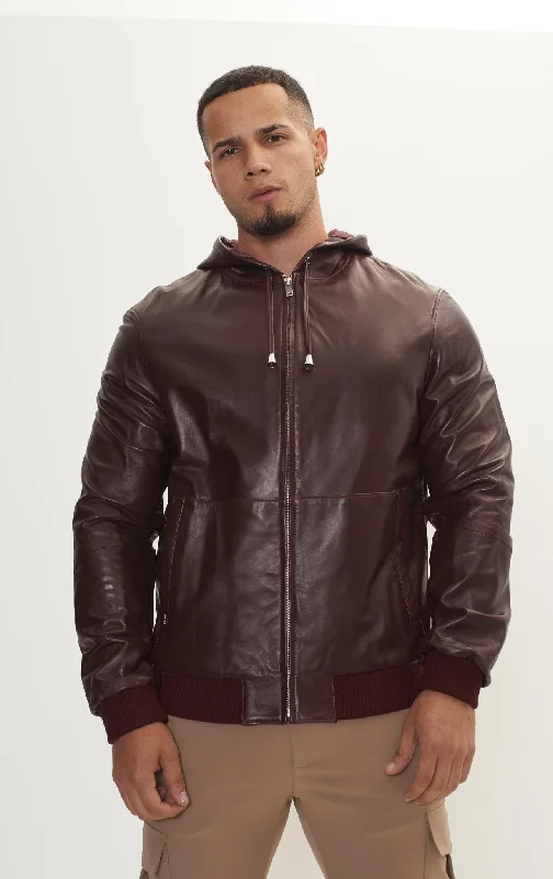 Men's Coats with Quick-Dry FabricGenuine Leather Hooded Sweatshirt - Wine