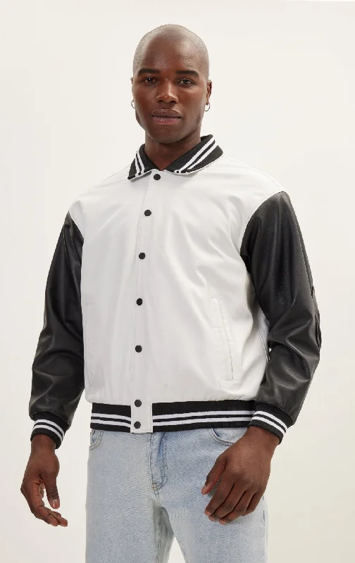 Cool Men's Pea CoatsVarsity Leather Jacket With Polo Neck - White Black