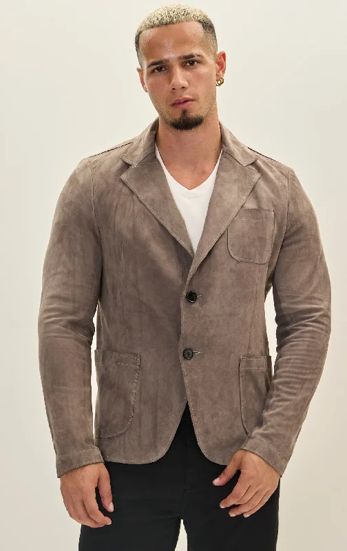 Men's Coats for Skinny MenClassic Two-Button Suede Leather Blazer - Grey