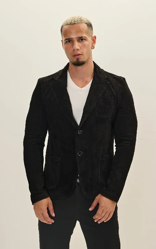 Men's Coats for City WearClassic Two-Button Suede Leather Blazer - Black