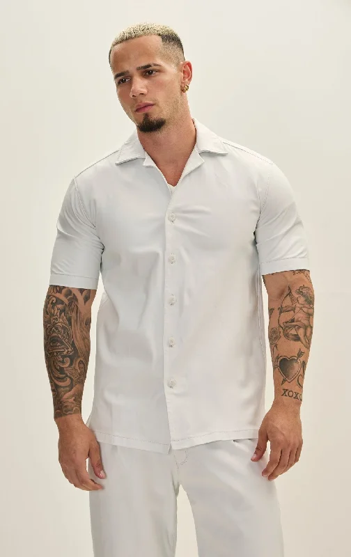 Fashionable Men's Denim JacketsShort Sleeve Leather Shirt Jacket - White