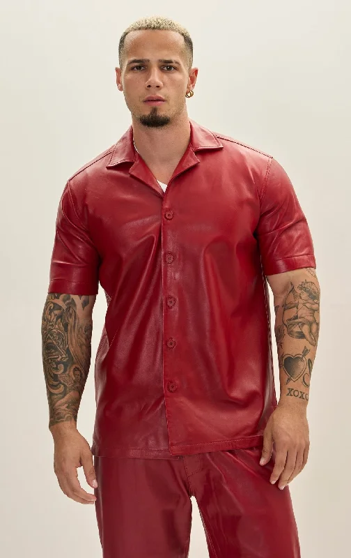 Casual Men's Bomber JacketsShort Sleeve Leather Shirt Jacket - Red