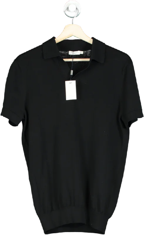 Stylish Men's HenleysSuitSupply Black Californian Cotton & Mulberry Silk Buttonless Knit Polo Top UK M