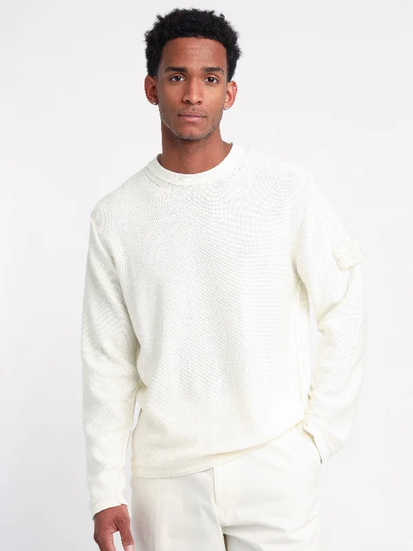 Men's Sweaters with Shawl CollarsWhite Crewneck Knit