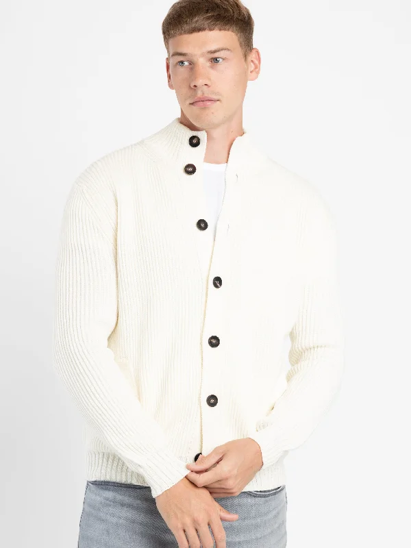 Lightweight Men's Cardigan SweatersWhite Fisherman Ribbed Cardigan