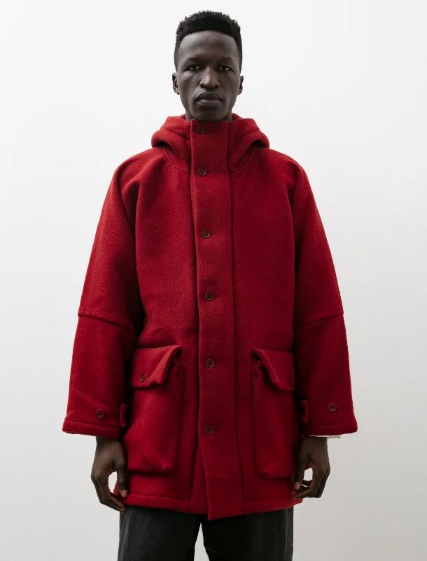 Men's Coats with Military InfluenceHooded Coat Heavy Wool Duffle Red