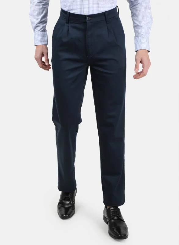 Men's Pants with Faux Leather PatchesMen NAvy Blue Plain Trousers