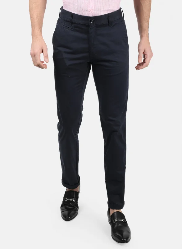 Men's Pants with Embroidered DesignsMen NAvy Blue Plain Trousers